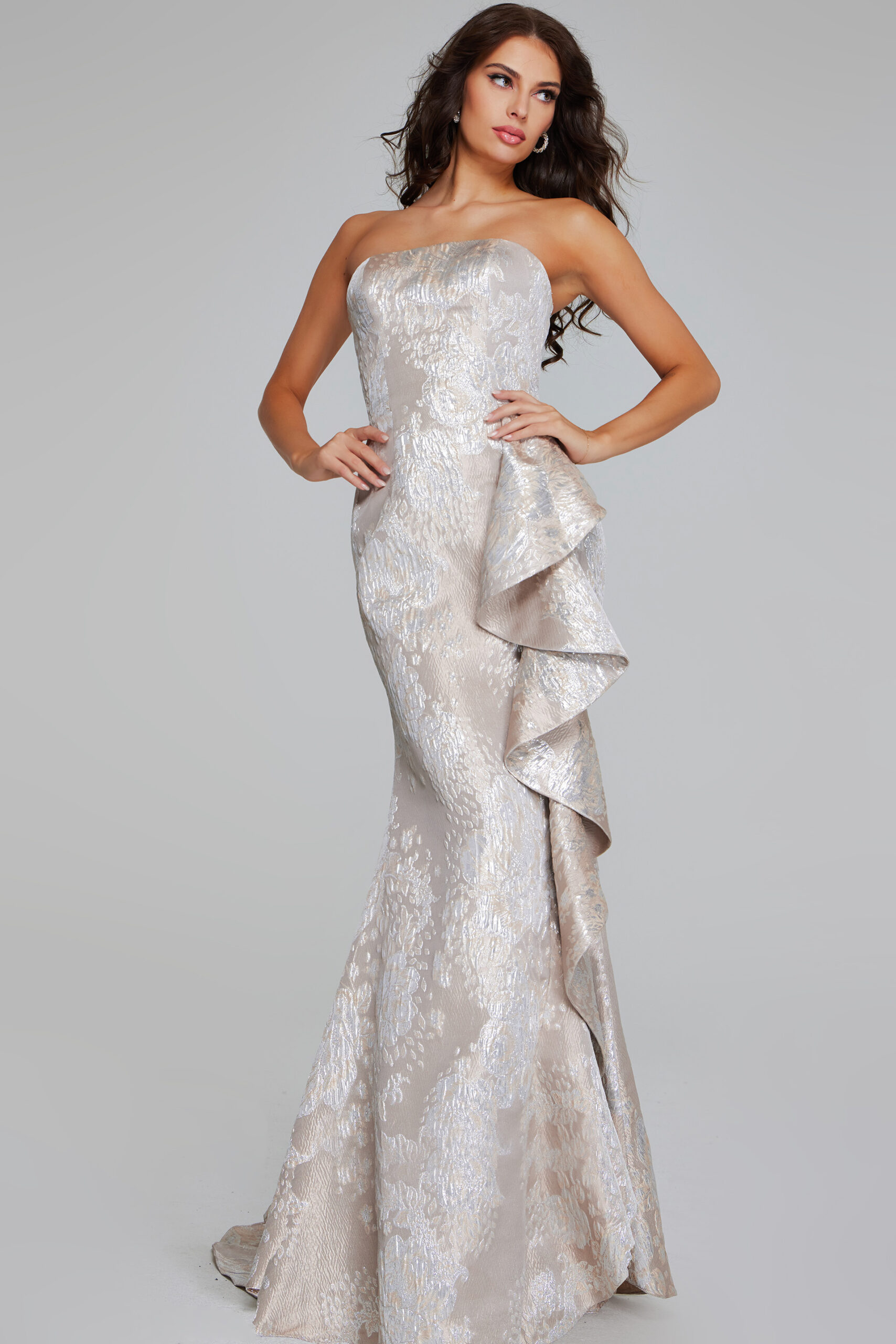 JOVANI フラワー刺繍 マーメイドドレス Strapless Metallic Navy Mermaid Gown With Side Drape 42028