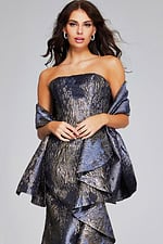 model wearing Jovani 42028 gunmetal gray gown close-up