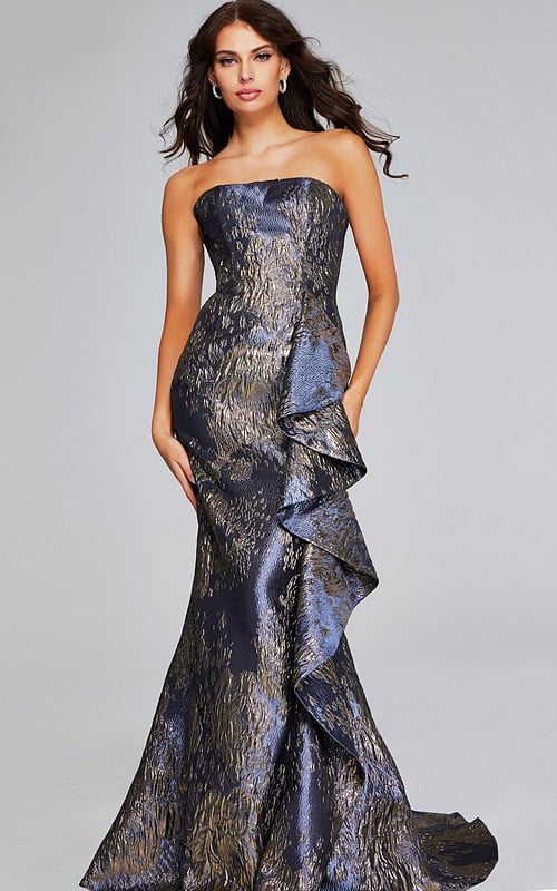model wearing Jovani 42028 gunmetal gray gown front view