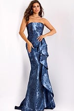 Strapless navy mermaid gown with side drape and shawl