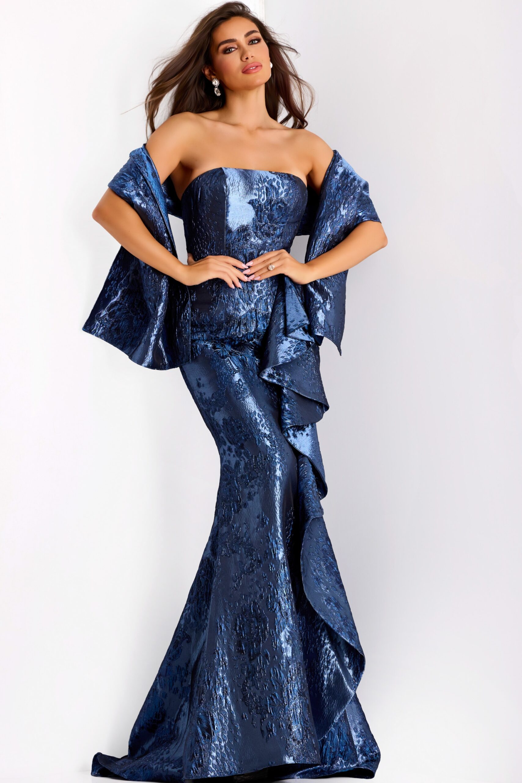 Gunmetal and Gold Strapless Gown with Cascading Ruffle 42028