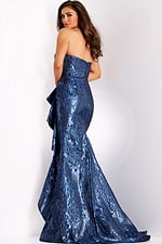 Back view of metallic navy evening gown in jacquard fabric