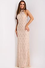 Nude silver sheath gown with high neckline and diamond beading
