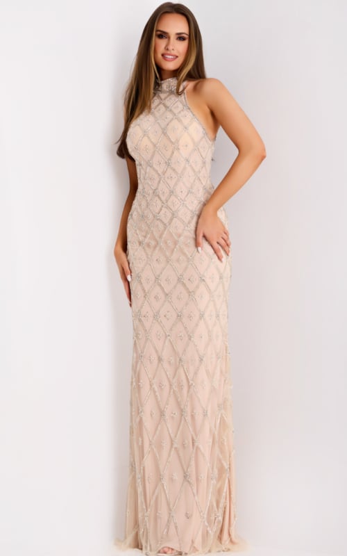 Nude silver sheath gown with high neckline and diamond beading