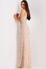 Back view of nude silver evening gown with closed back