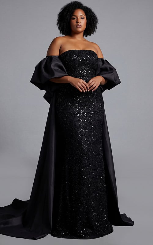 Plus size strapless gown with sequin detailing and dramatic detachable bow train