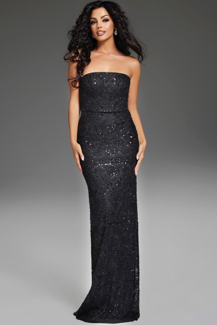 Model wearing Jovani 42137 black gown, front view with details
