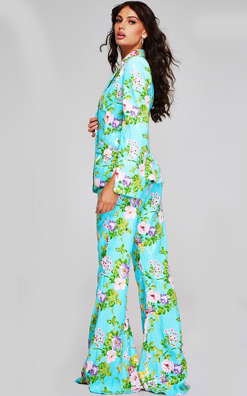 back view of Jovani 42146 multi-colored floral print jacket and pants.