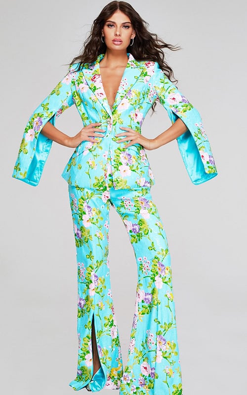 model wearing Jovani 42146 multi-colored floral print jacket and pants with bell sleeves.