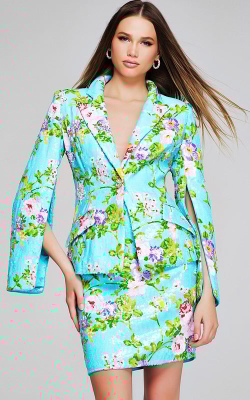 Model wearing Jovani 42147 dress featuring a multi-color floral print with a V-neckline and slit sleeves from the front.