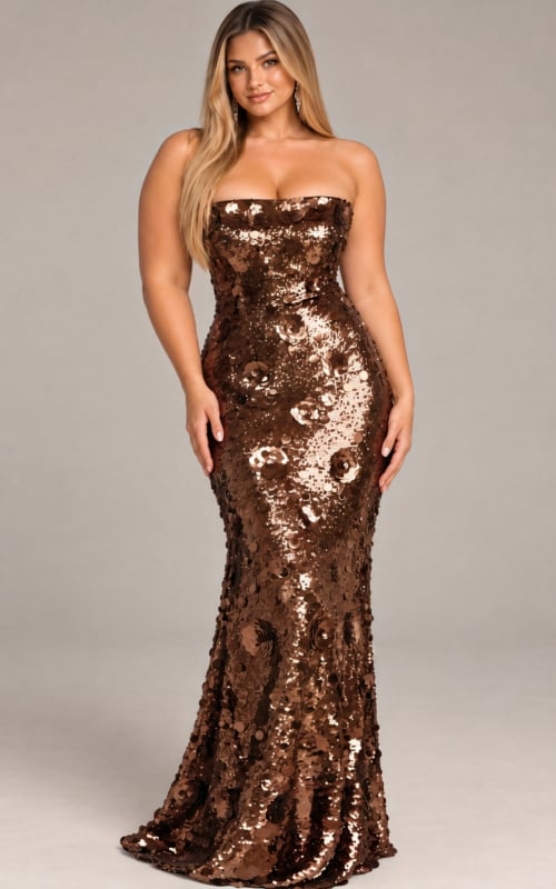 Brown sequin strapless fitted gown with sweep train, plus size, Jovani style 42154