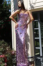 Strapless sequin gown with shimmering floral embellishments and sleek column silhouette