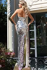 Strapless sequin gown with floral embellishments and shimmering finish