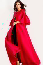 Dramatic floor-length cape with flared sleeves and open front design in rich satin fabric.
