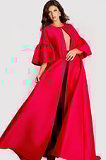 Dramatic floor-length cape with flared sleeves and open front, styled in bold satin fabric for a statement look.