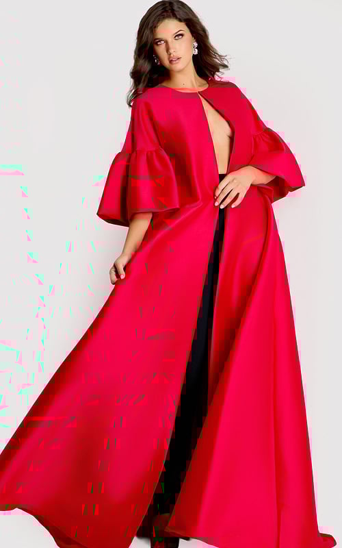 Dramatic floor-length cape with flared sleeves and open front, styled in bold satin fabric for a statement look.