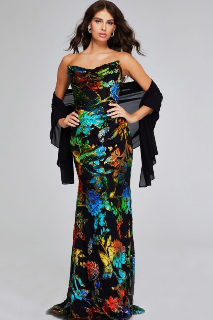 Model wearing Jovani 42164 multi-color gown with elegant floral patterns, front view.