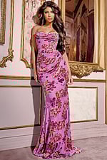 model wearing Jovani 42165 lilac floral fitted dress, front view