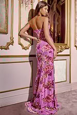 model wearing Jovani 42165 lilac floral fitted dress, back view