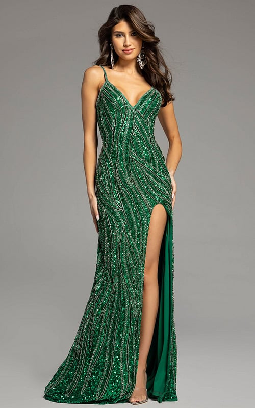 v neck green high slit dress 42176