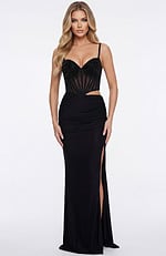 Beaded corset gown with spaghetti straps, fitted skirt, and side slit