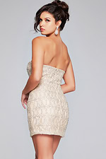 Model showing back view of Jovani 42197 nude dress, showcasing strapless design