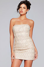 Model wearing Jovani 42197 nude dress, front view, close-up of beading