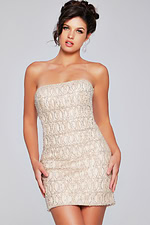 Model wearing Jovani 42197 nude dress, front view with bandeau neckline
