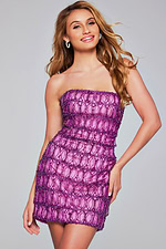 Model in Jovani 42197 purple dress, front view, showing detailed beading