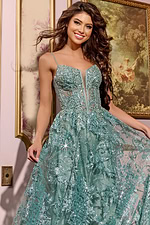 Model showcasing the Jovani 42199 green gown with intricate sequin details