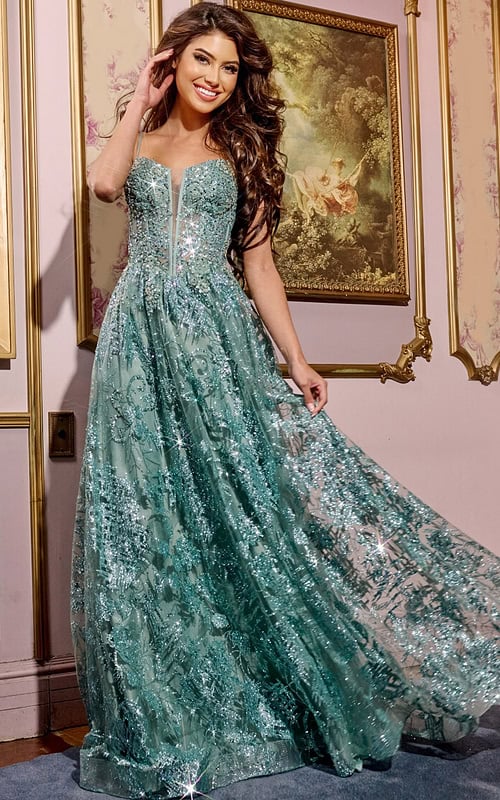 Model wearing Jovani 42199 green gown with sweetheart neckline and sequin embellishments