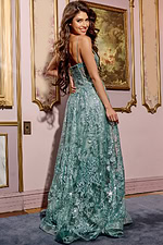 Back view of Jovani 42199 green gown highlighting the elegant silhouette