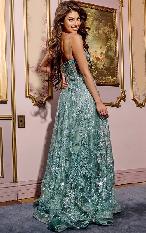 Back view of Jovani 42199 green gown highlighting the elegant silhouette