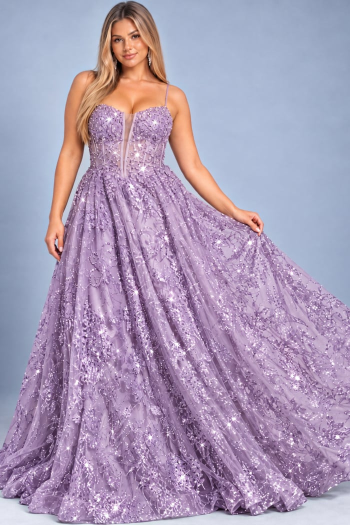 Lilac sequin floral A line ball gown, plus size, Jovani style 42199