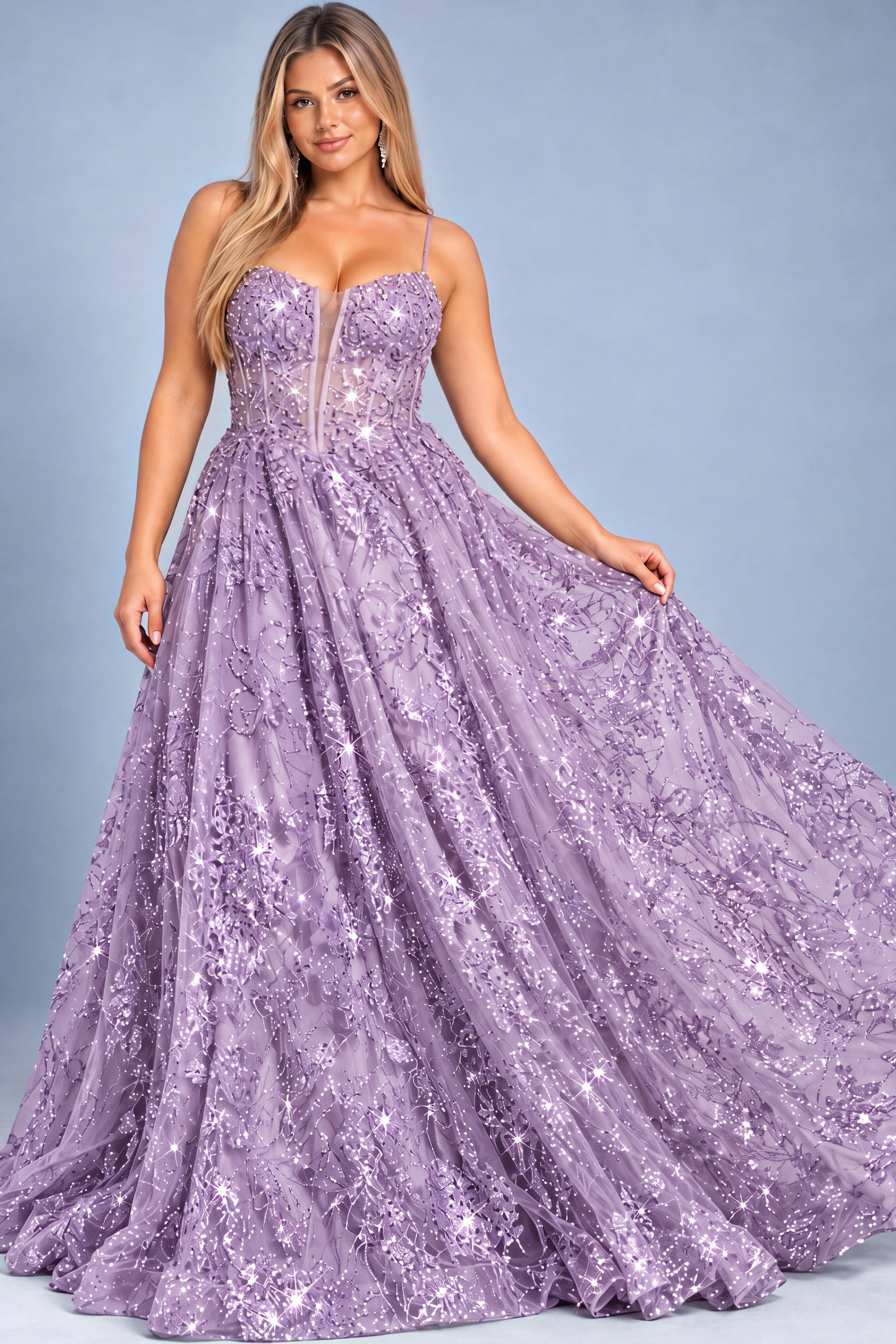 Lilac sequin floral A line ball gown, plus size, Jovani style 42199