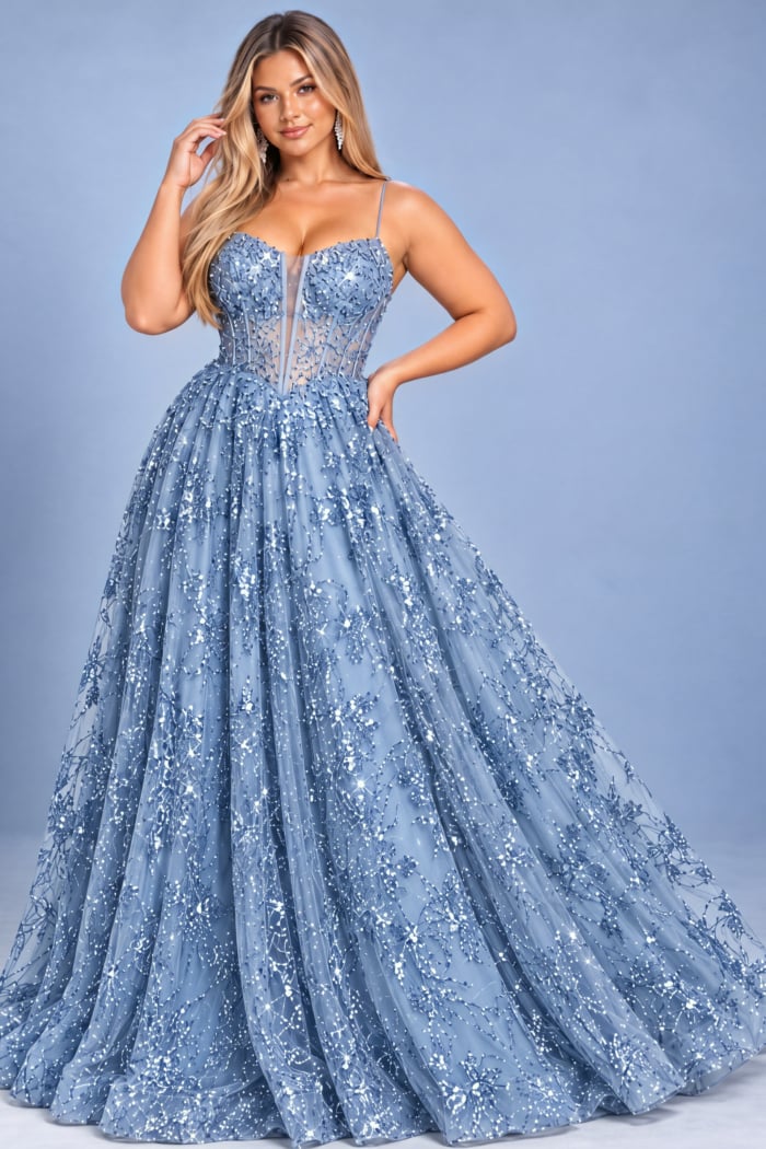 Light blue sequin floral A line ball gown, plus size, Jovani style 42199