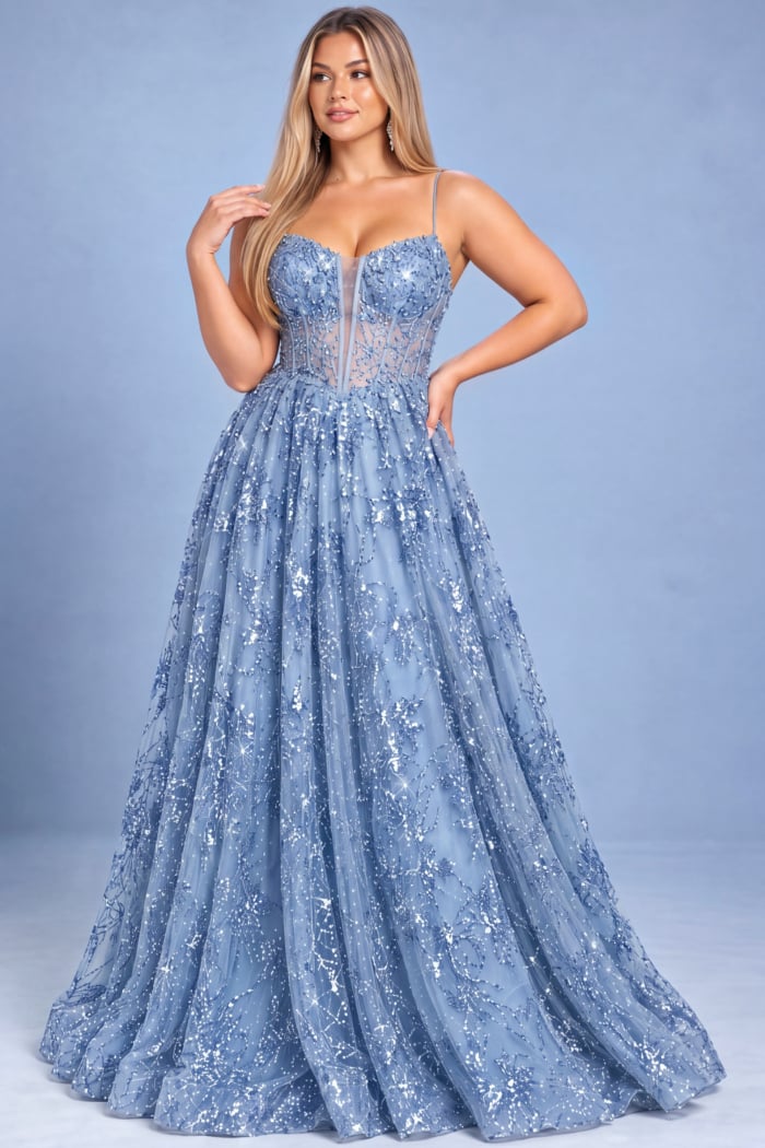Spaghetti Strap A-Line Gown with Embellished Bodice 42199