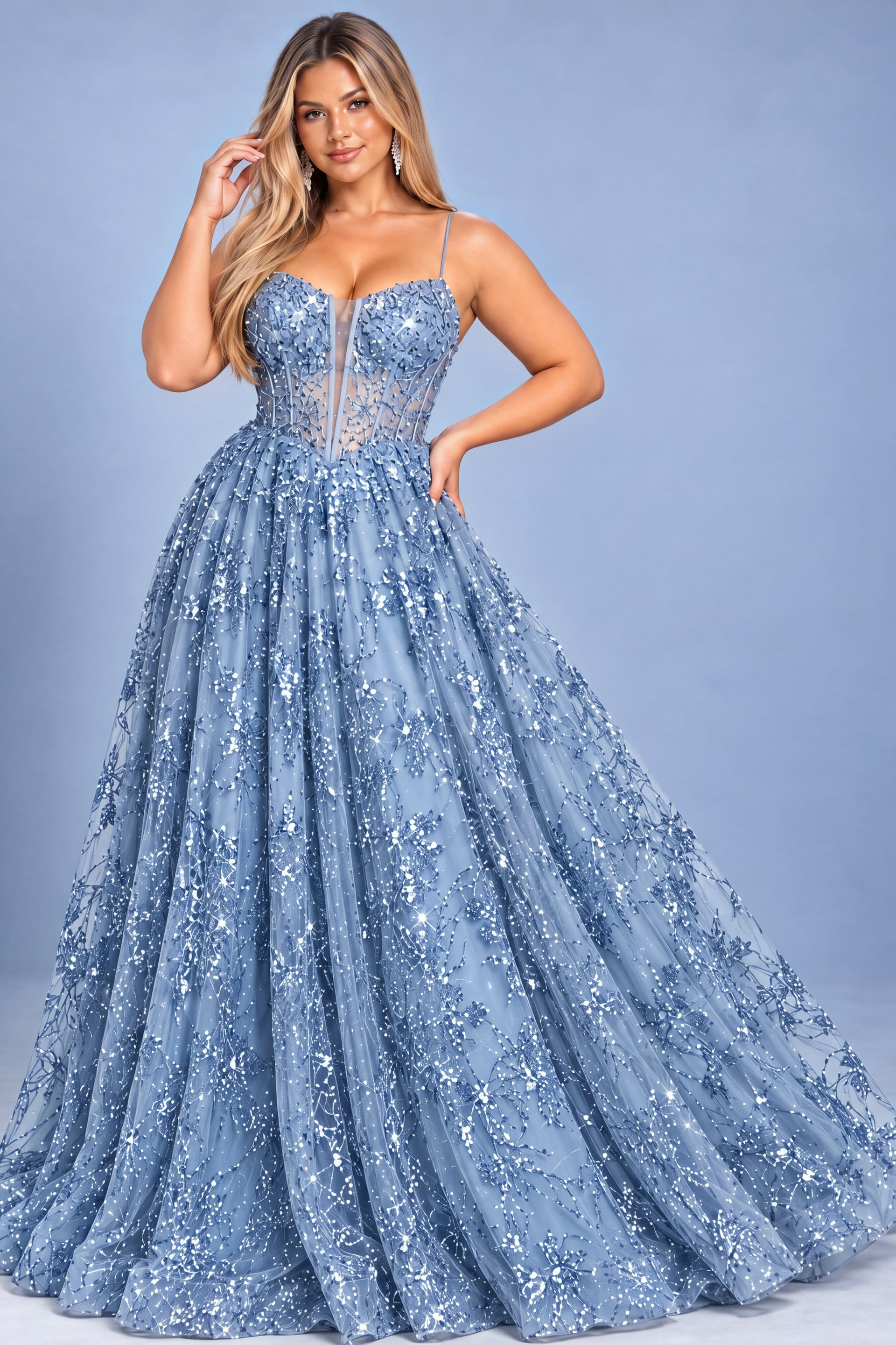Light blue sequin floral A line ball gown, plus size, Jovani style 42199