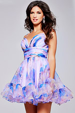 Close-up of Jovani 42200 dress showing vibrant print design