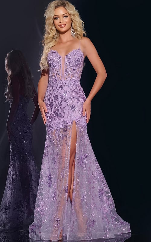 Model wearing Jovani 42203 lilac gown with a high slit and floral sequined details from the front.