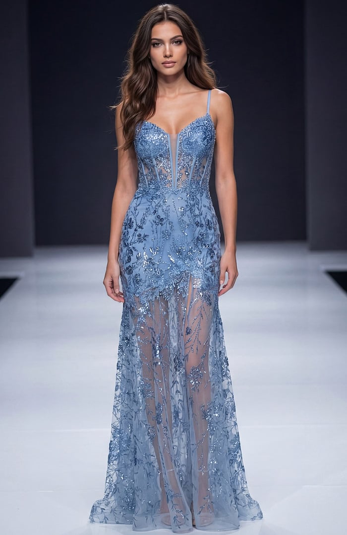 plunging neckline embellished sheer dress