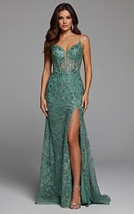 lace green high slit dress 42203