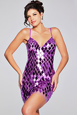 Front view of model wearing Jovani 42208 purple mini dress with sweetheart neckline.