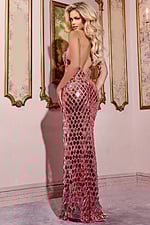 Back view of model wearing Jovani 42209 pink dress with geometric pattern.
