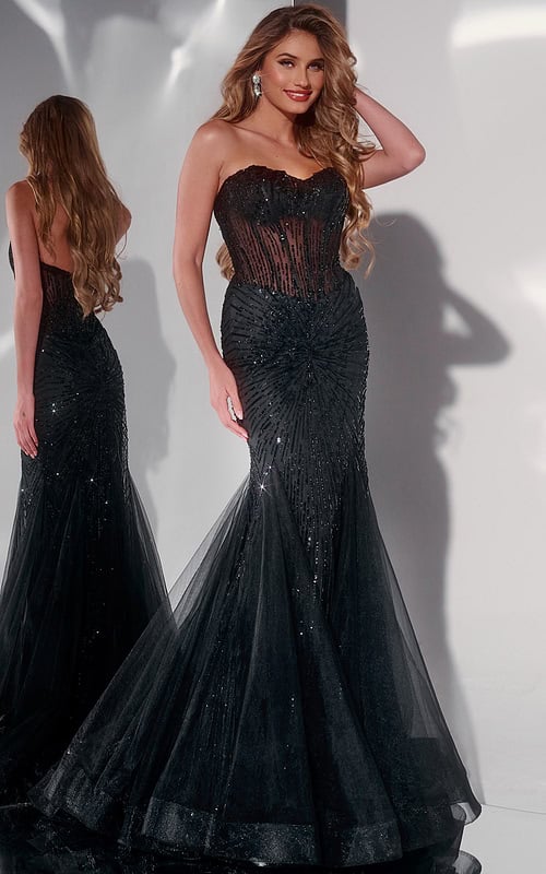 Model wearing Jovani 42217 black mermaid gown with sweetheart neckline and structured bodice.