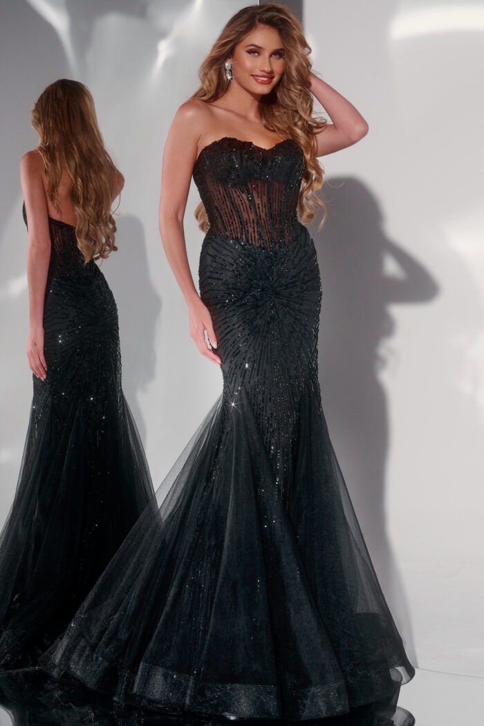 Model wearing Jovani 42217 black mermaid gown with sweetheart neckline and structured bodice.