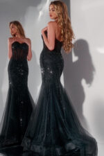 Back view of model wearing Jovani 42217 black mermaid gown with flared skirt.