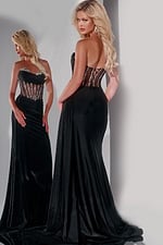 Back view of Jovani 42226 black gown showcasing sheer embellishments.