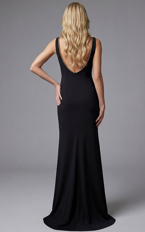 black gown with low back and clean silhouette