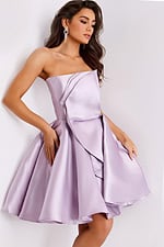 Lilac strapless short dress with ruffle detail and A-line skirt